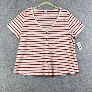 Old Navy Top Womens M Red Striped High Hip Short Sleeve Slub Knit Shirt NEW